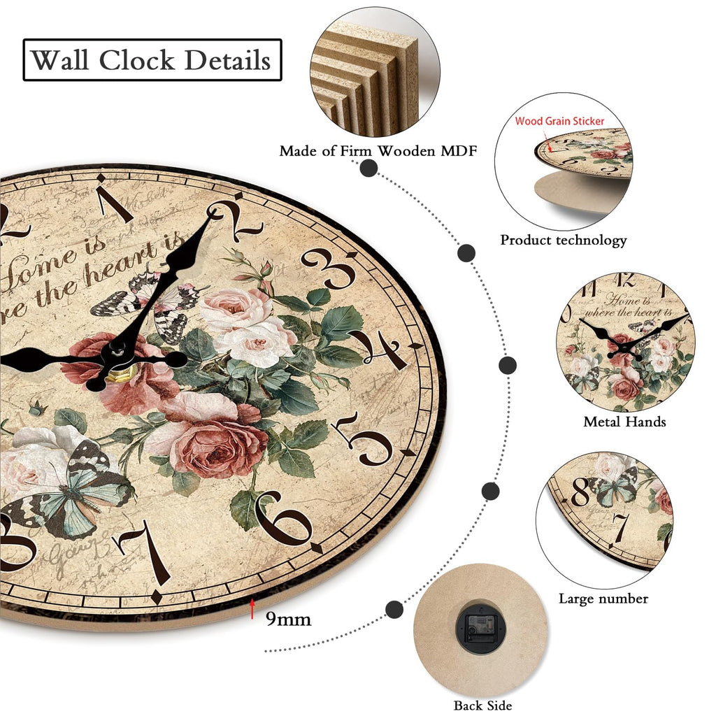 Vintage Rose Flower Wall Clock 20 Inch Rustic Country Floral