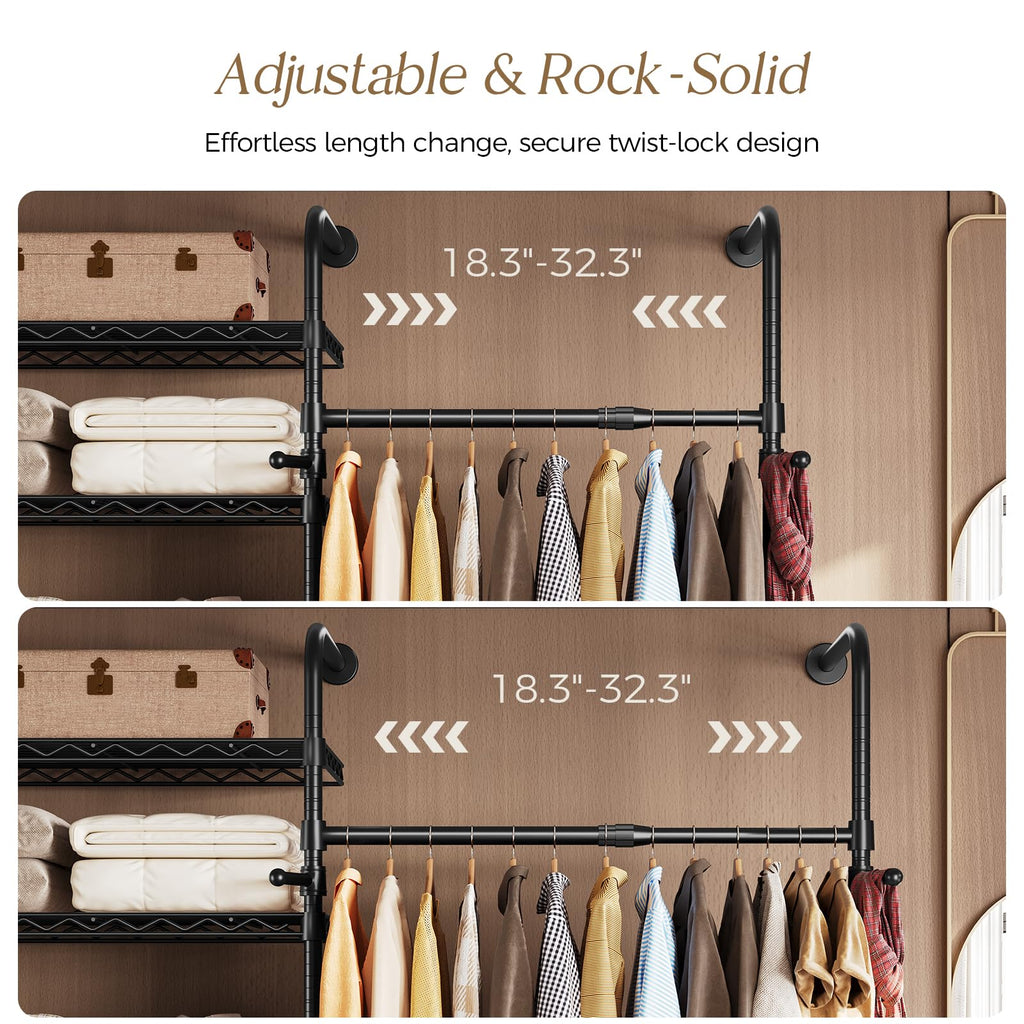 Wall Mounted Closet System, Heavy Duty 2-Row Clothes Rack, Expandable Industrial Pipe Closet Organizers and Storage