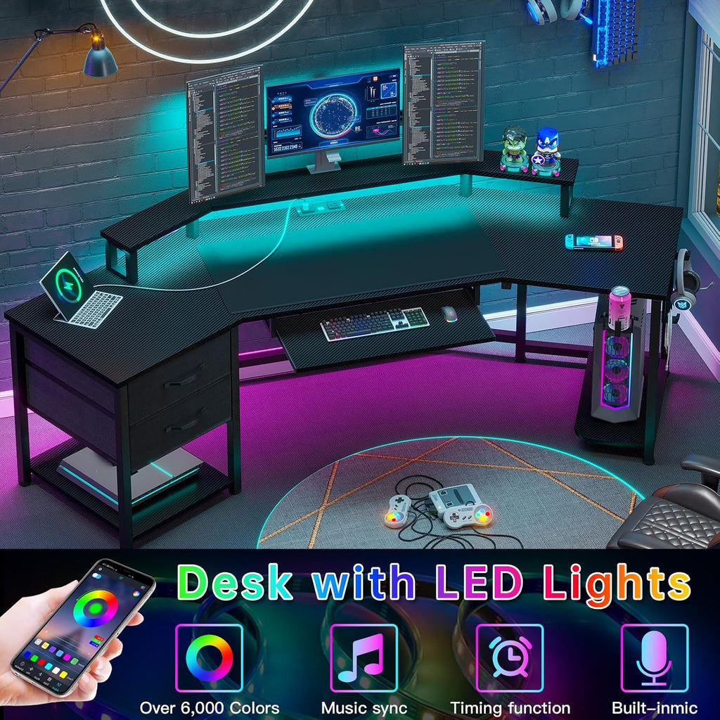 79" Gaming Desk with Fabric Drawers Storage, LED Light & Power Strip | Carbon Fiber Black Long Computer Desk with