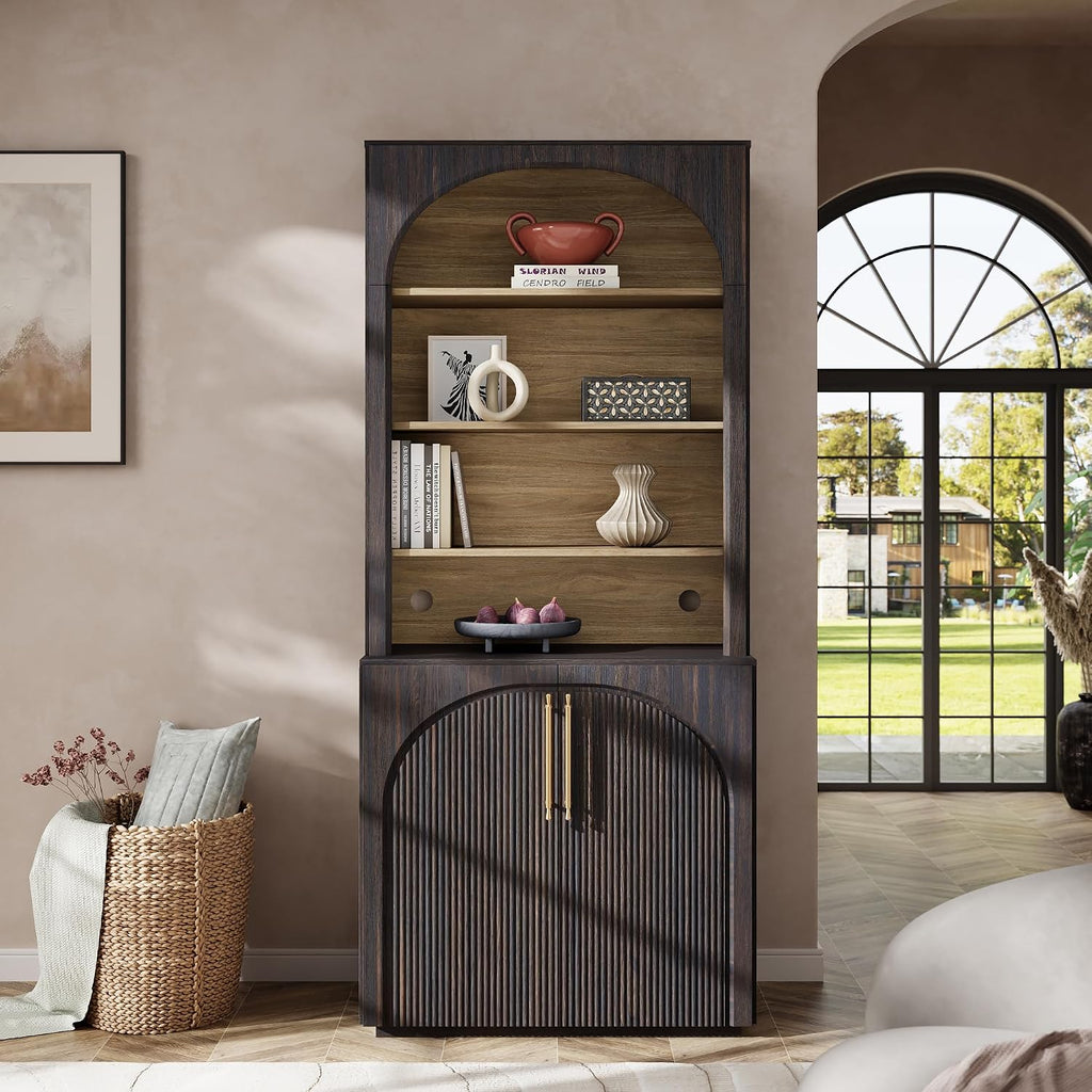 72'' Tall Arched Bookshelf with Fluted Doors, Modular Bookcase | Mid-Century Modern Accent Cabinet, 6 Tier Display