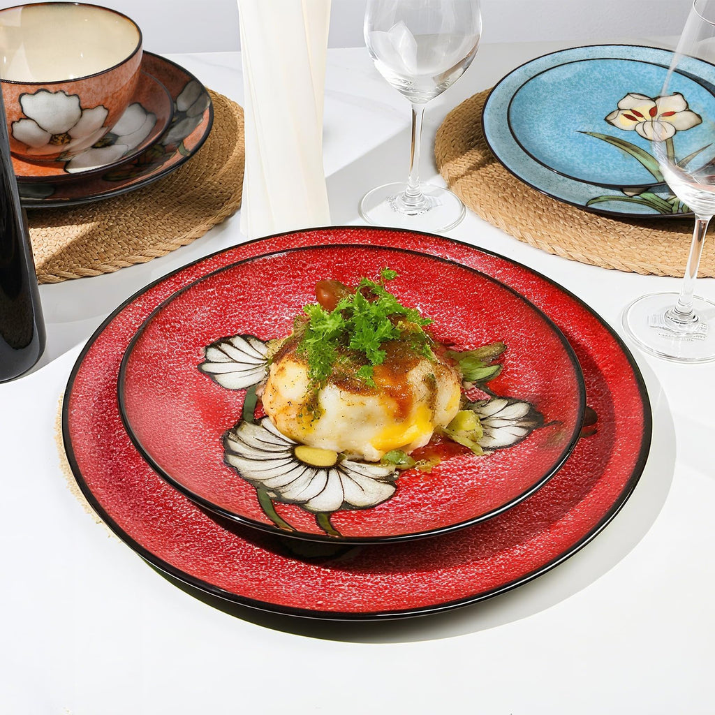 Plates and Bowls Sets,12 Pieces Kiln Changed Glaze Ceramic Dinnerware Set,Dishes Set for 4,Highly Chip and Crack