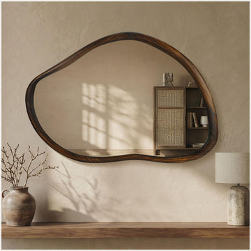 35"x24" Irregular Wood Asymmetrical Walnut Framed Mirror