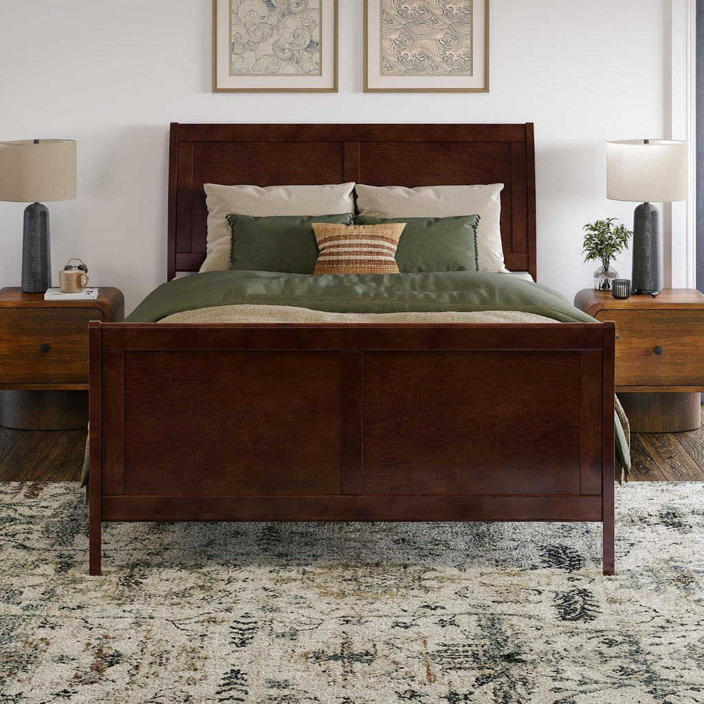 Valencia Full Solid Wood Low Profile Sleigh Platform Bed with Matching Footboard, Walnut