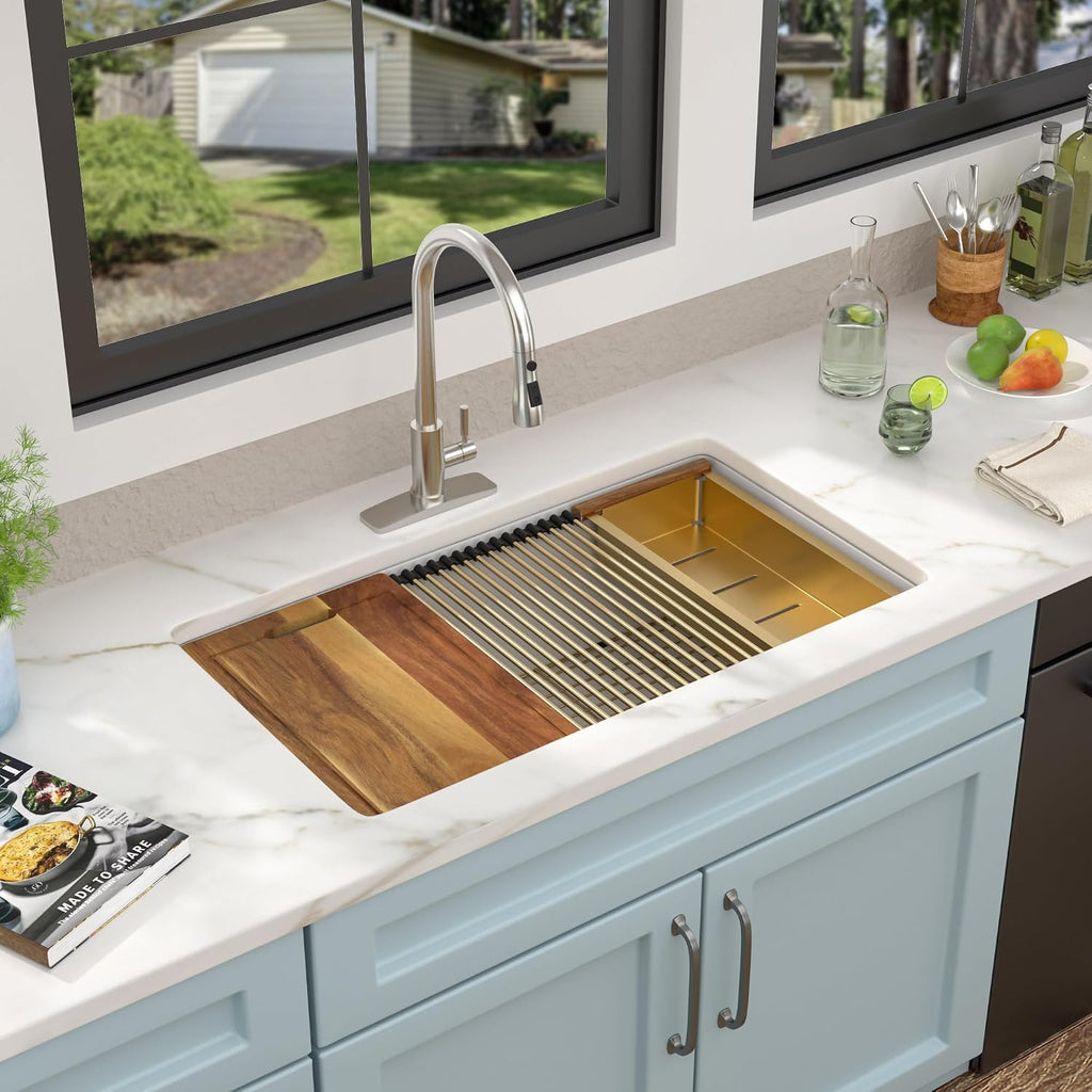 33"x19" Granite Composite Kitchen Sink - Undermount White Granite Quartz Composite Classic Ledge Workstation Under