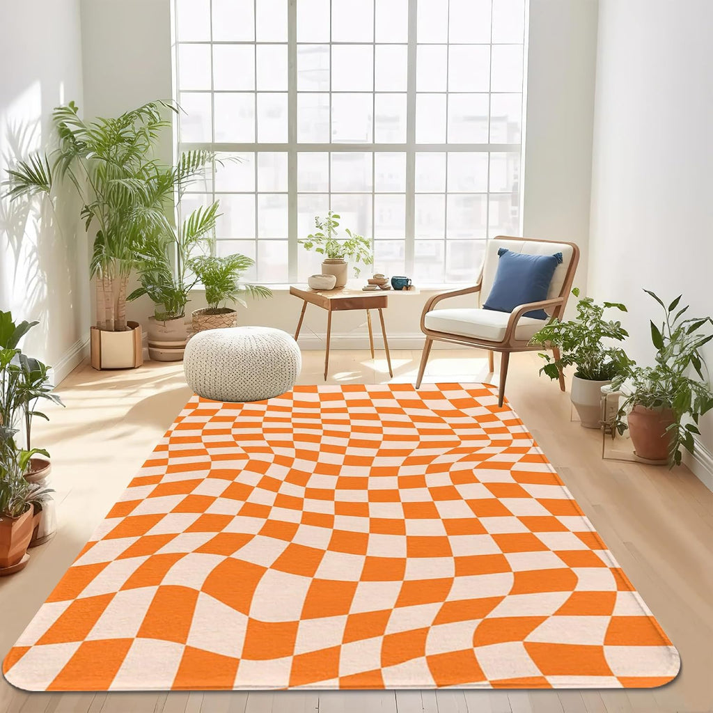 Orange Checkered Area Rug,Autumn Washable Area Rug 5x7 Large Rugs Non-Slip Soft Low Pile Carpet Rug Bedside Dining