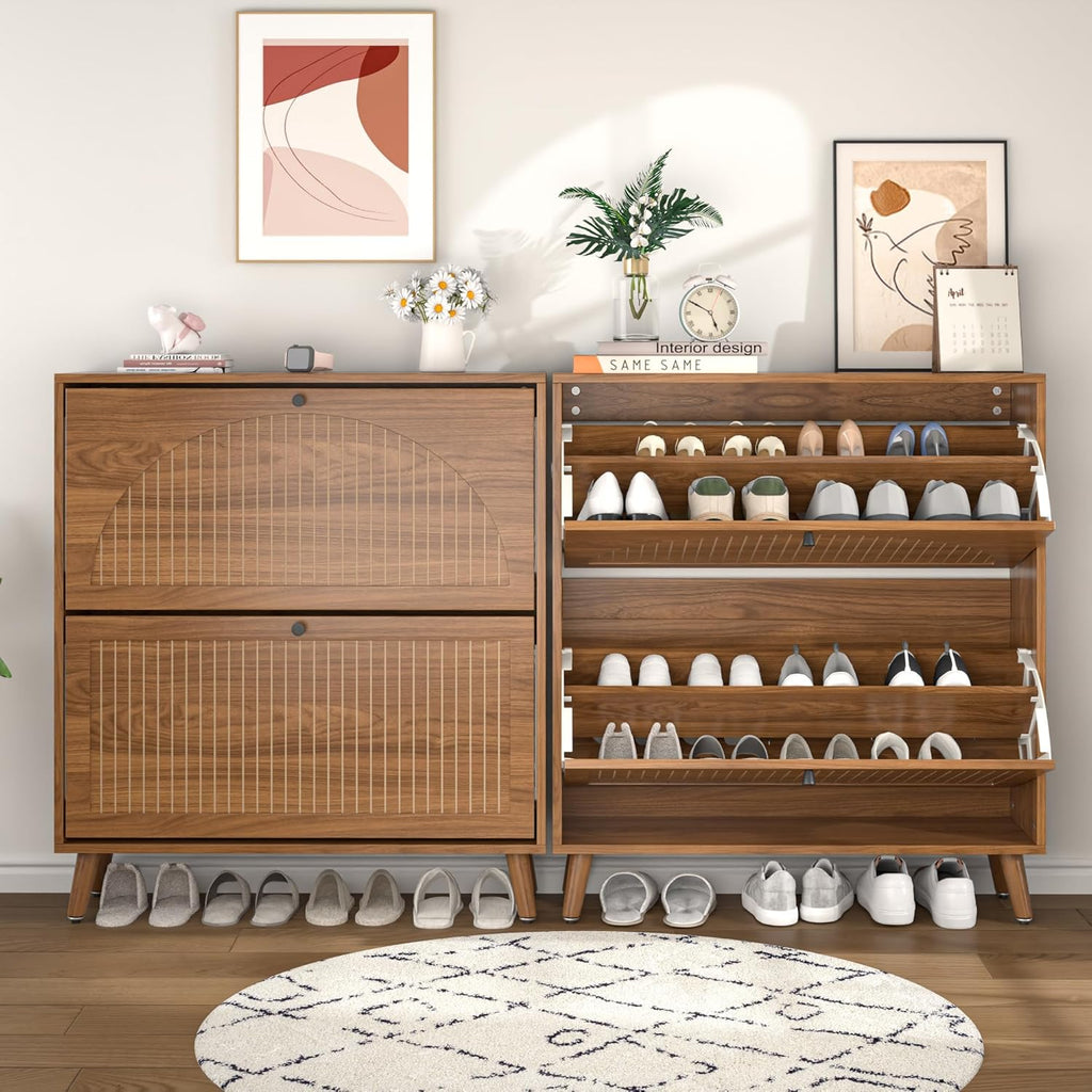 Shoe Storage Cabinet with 2 Flip Drawers, Narrow Wood Shoe Cabinet with Fluted Panel, Freestanding Hidden Shoe