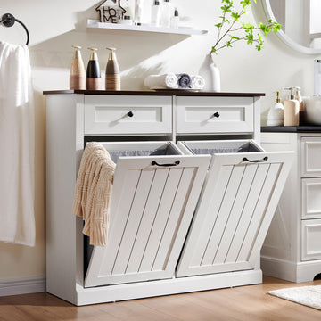 Double Tilt Out Laundry Hamper Cabinet, Trash Cabinet, Antique White
