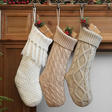 3 Pack Neutral Farmhouse Christmas Stockings - Large 18" Rustic Boho Vintage Cable Knit Holiday Stockings in White