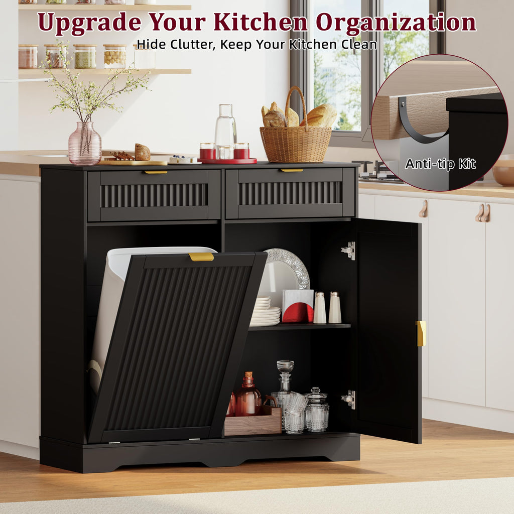Storage Cabinet with 13 Gallon Tilt Out Trash Can Cabinet, Buffet Cabinet