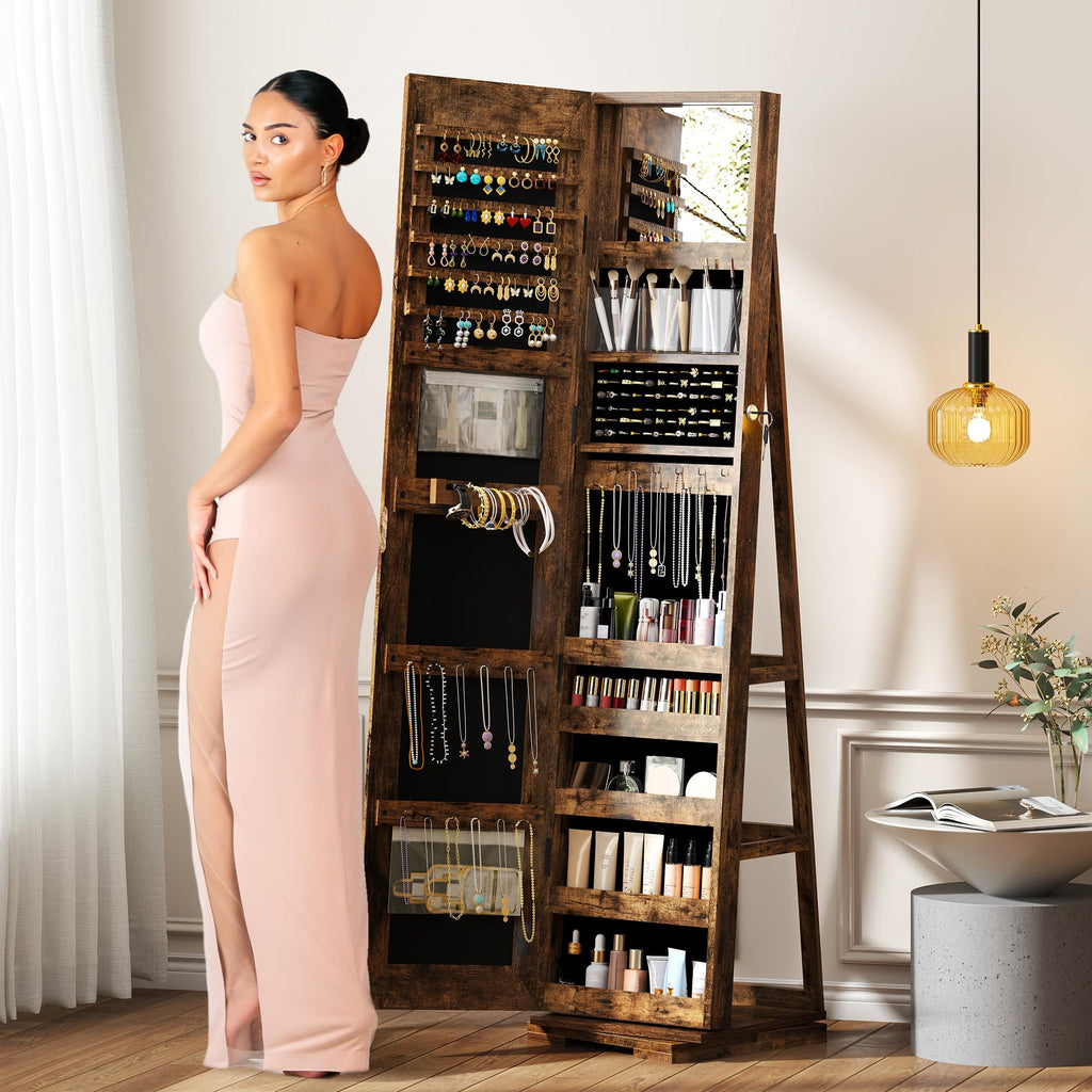 Mirror Jewelry Cabinet Standing, 360° Swivel Mirror with Storage Full Length with Jewelry Storage, Jewelry Organizers