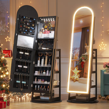 LED Jewelry Armoire with Frameless Full Length Mirror, 360° Swivel