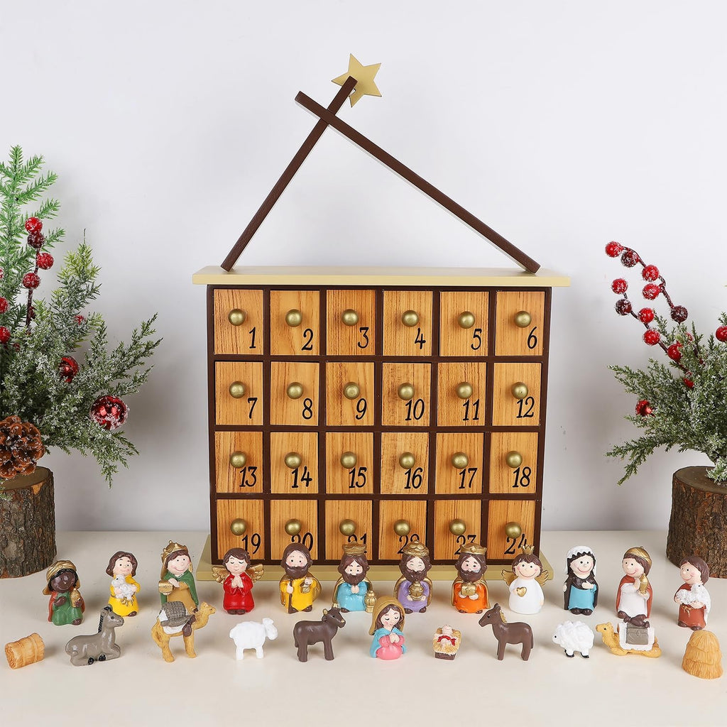 Nativity Advent Calendar, Countdown to Christmas Advent Calendar with 24 Pieces Figures & 24 Drawers, Christian