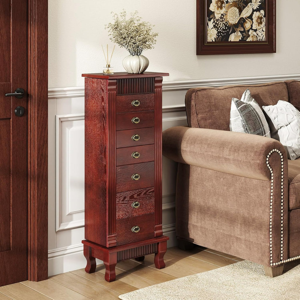 Standing Jewelry Armoire Cabinet, Large Jewelry Organizer Chest with 7 Drawers, 2 Swing Doors, 12 Necklace Hooks &