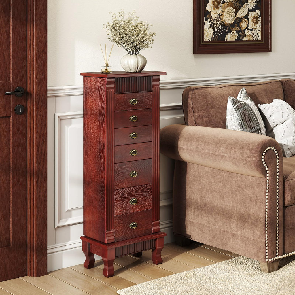 Standing Jewelry Cabinet with 7 Drawers, Flip-Top Mirror, Cherry