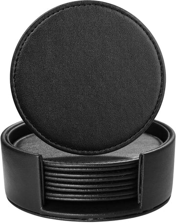 Drink Coasters with Holder, 4" Leather Coasters for Drinks for Tabletop Protection, Elegant Home Decor & - Set of 6