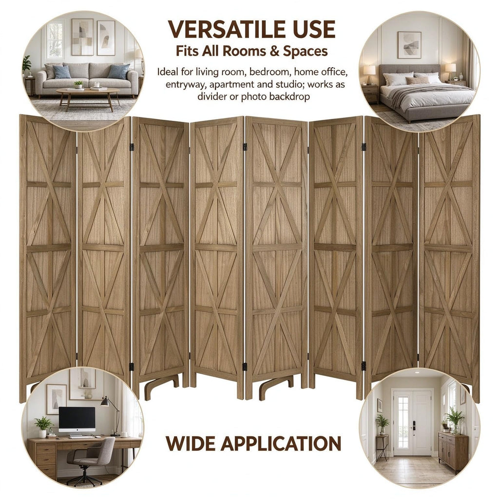 8 Panel Wooden Room Divider, 67" Tall Folding Privacy Screen, Natural
