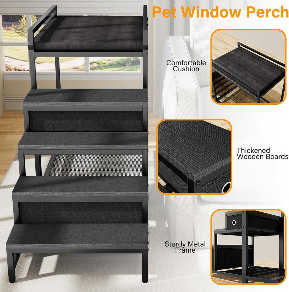 Pet Bunk Bed with Stairs and Storage, Dog Beds Attachment to Human Bed, Bedside Dogs Cot for Small, Medium Cats &
