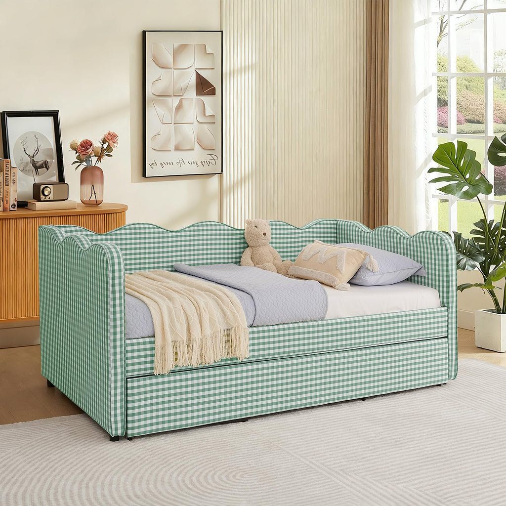 Twin Size Gingham Daybed with Trundle, Upholstered Linen Day Bed Frame with USB Ports & Wave-Shaped Backrest, Modern
