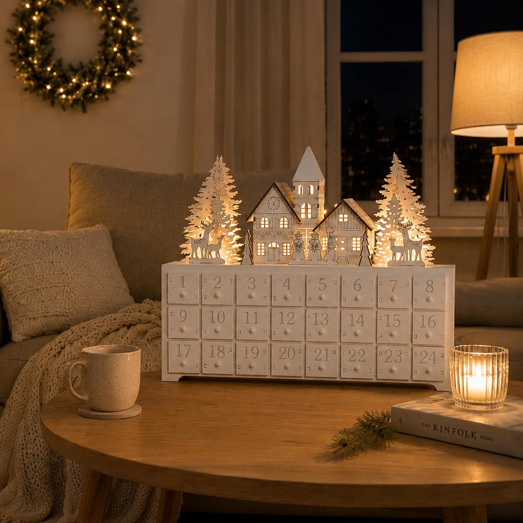 Christmas Wooden Advent Calendar House with 24 Drawers and LED-lit Scene, Countdown to Christmas Decoration to Fill