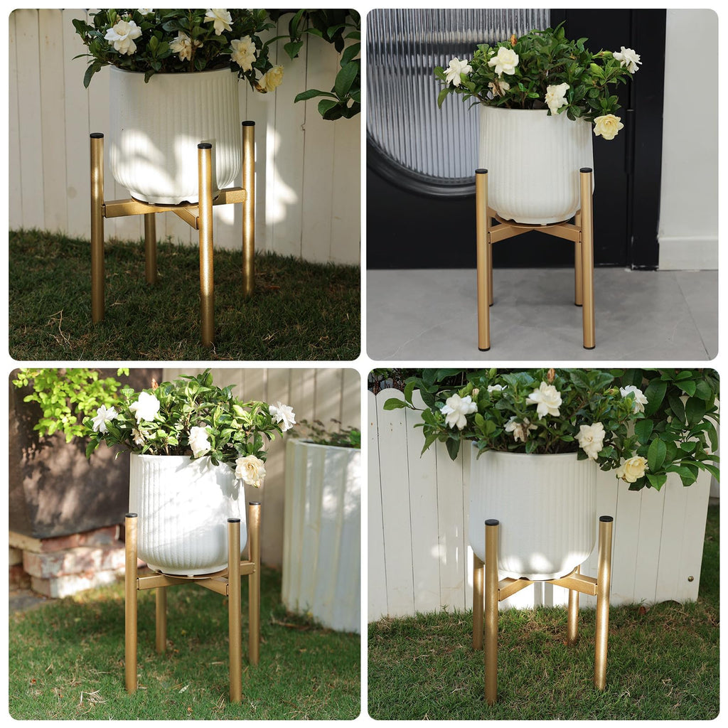 Adjustable Metal Plant Stand Indoor, Fits 8-14 Inch Pots, Mid Century Modern Gold Planter Holder, 2 Heights, Heavy