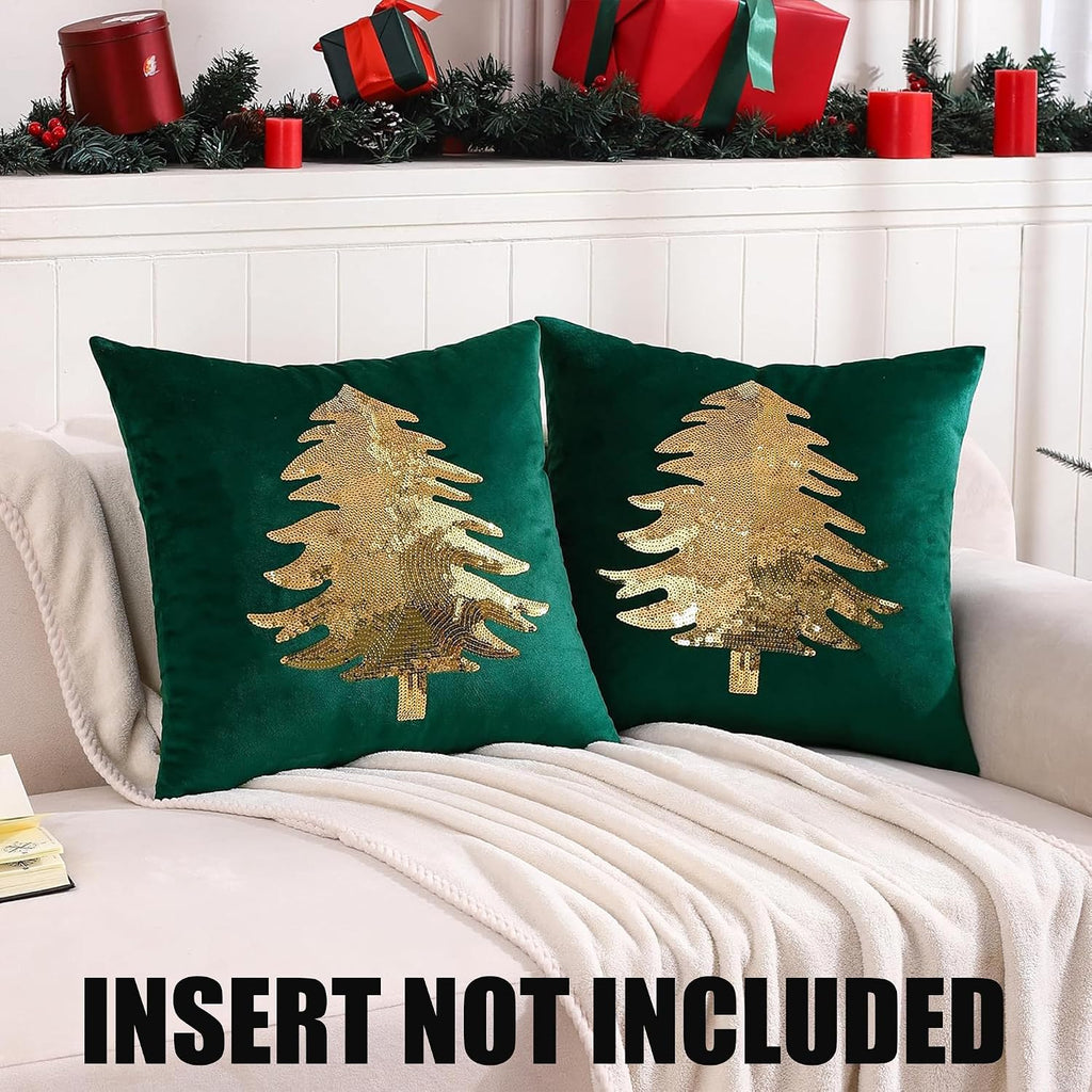 Christmas Pillowcases 18 x 18 inch Dark Green Xmas Tree Sequins Throw Pillow Cover Christmas Pillow case - Set of 2