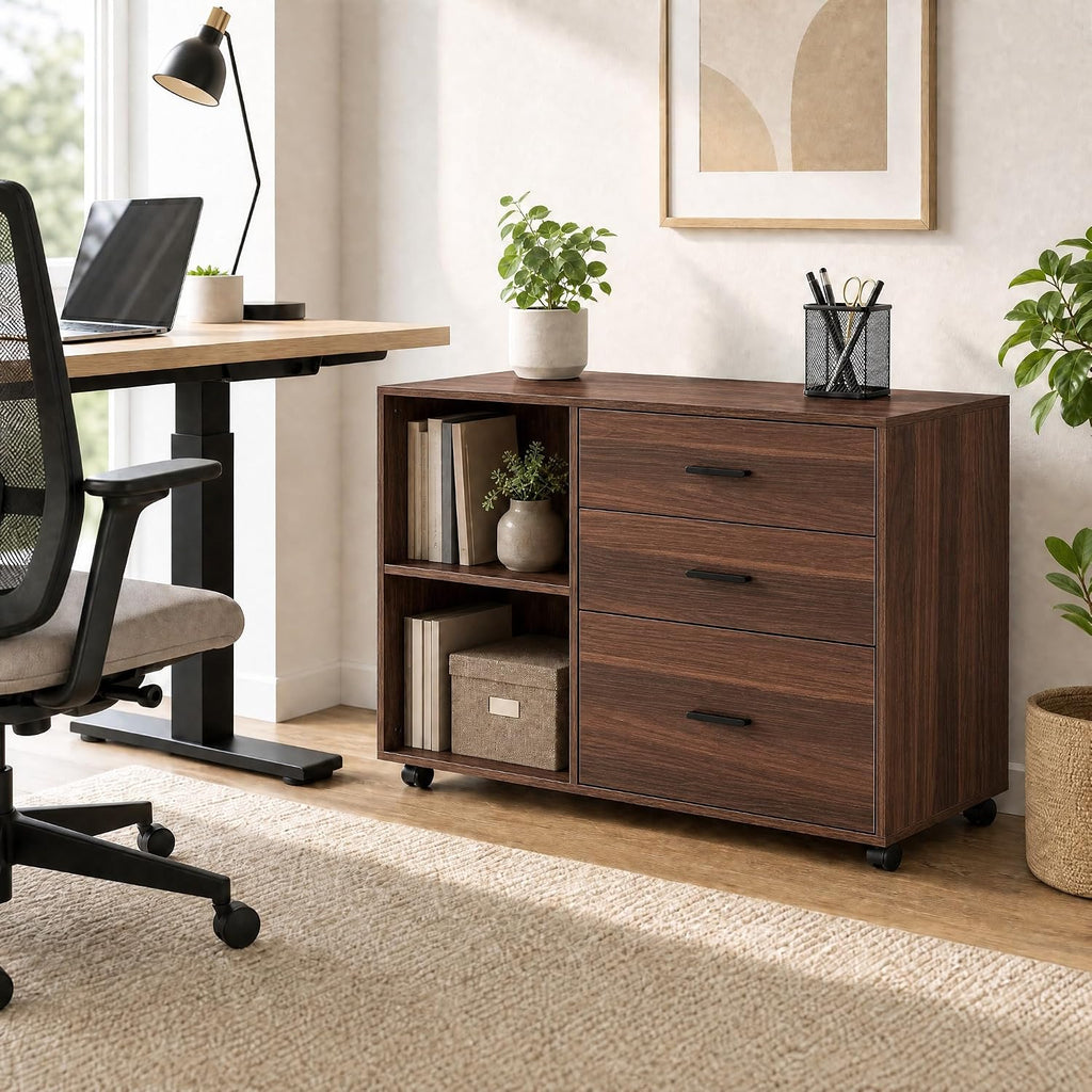 39" Wooden Filing Cabinet with Open Storage Shelf and 3 Drawers | Rolling File Cabinet with Adjustable Hanging Rail
