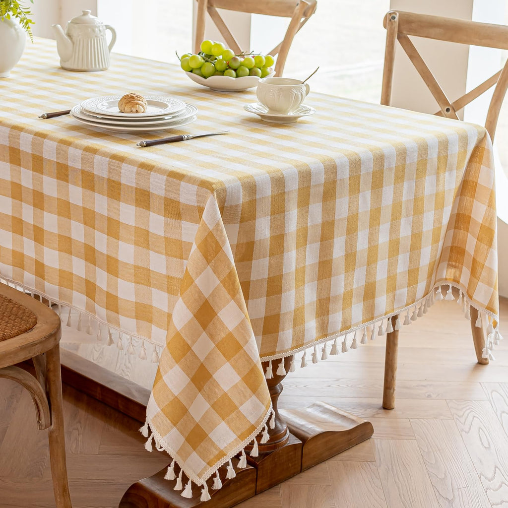 Yellow Gingham Tablecloth Rectangle, Picnic Cotton Linen Fabric Checkered Table Cloth Buffalo Plaid Table Cover with