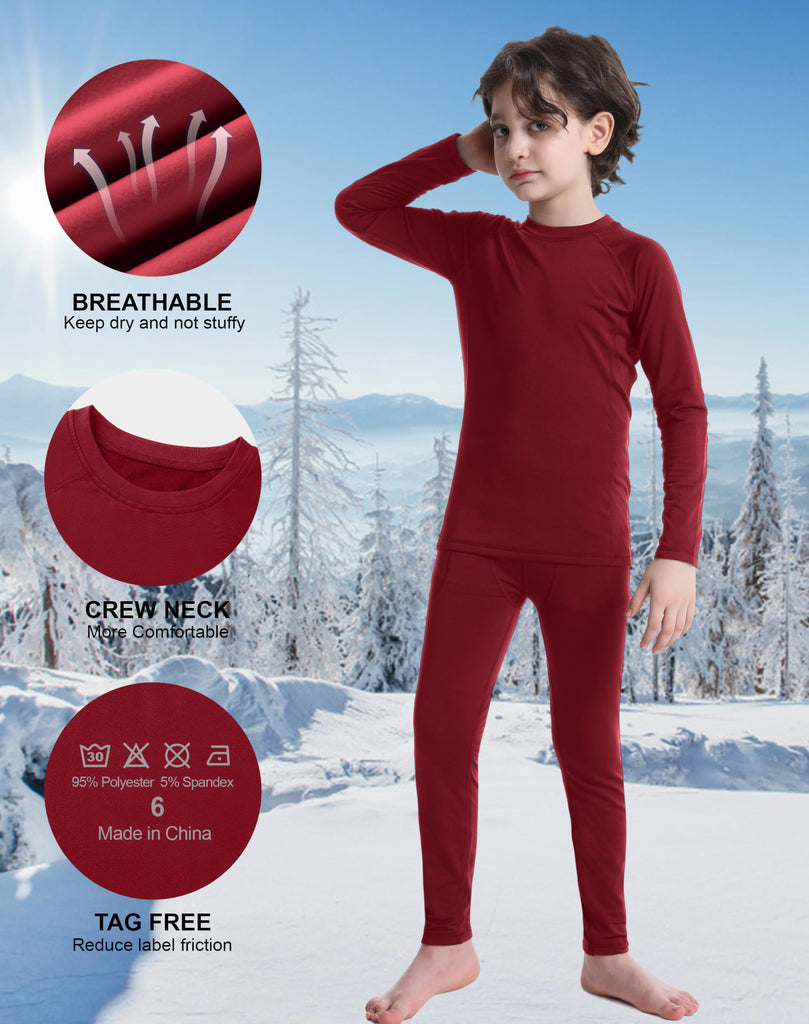 Kids Thermal Underwear Set, Fleece Lined Long Johns Base Layer Red