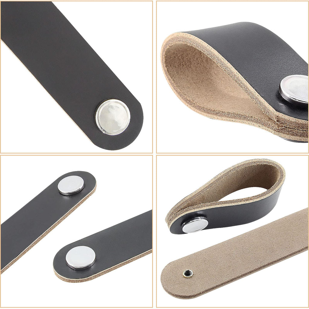 6PCS Black Leather Furniture Handles,5.5" Leather Drawer Pulls