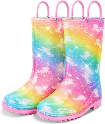 Girls Rain Boots Kids Rain Boots Rainbow Unicorn Mermaid Rainboots Toddler Glitter Waterproof Lightweight Easy-on