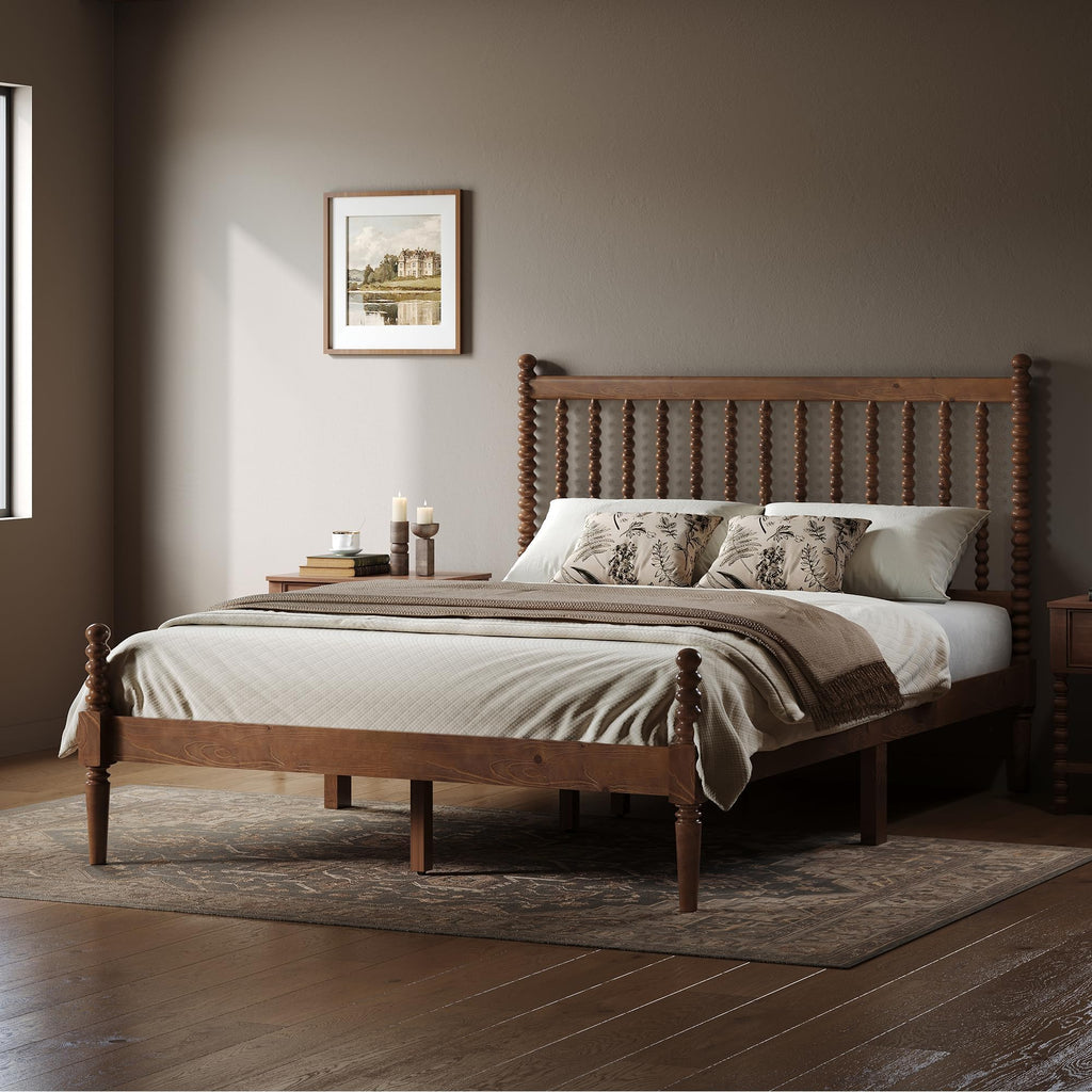 Solid Wood Bed Frame, Spindle Headboard, Dark Walnut