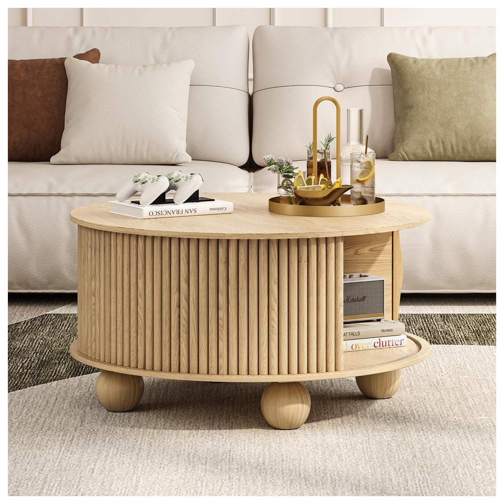 31.5" Round Coffee Table with Storage, Natural Oak