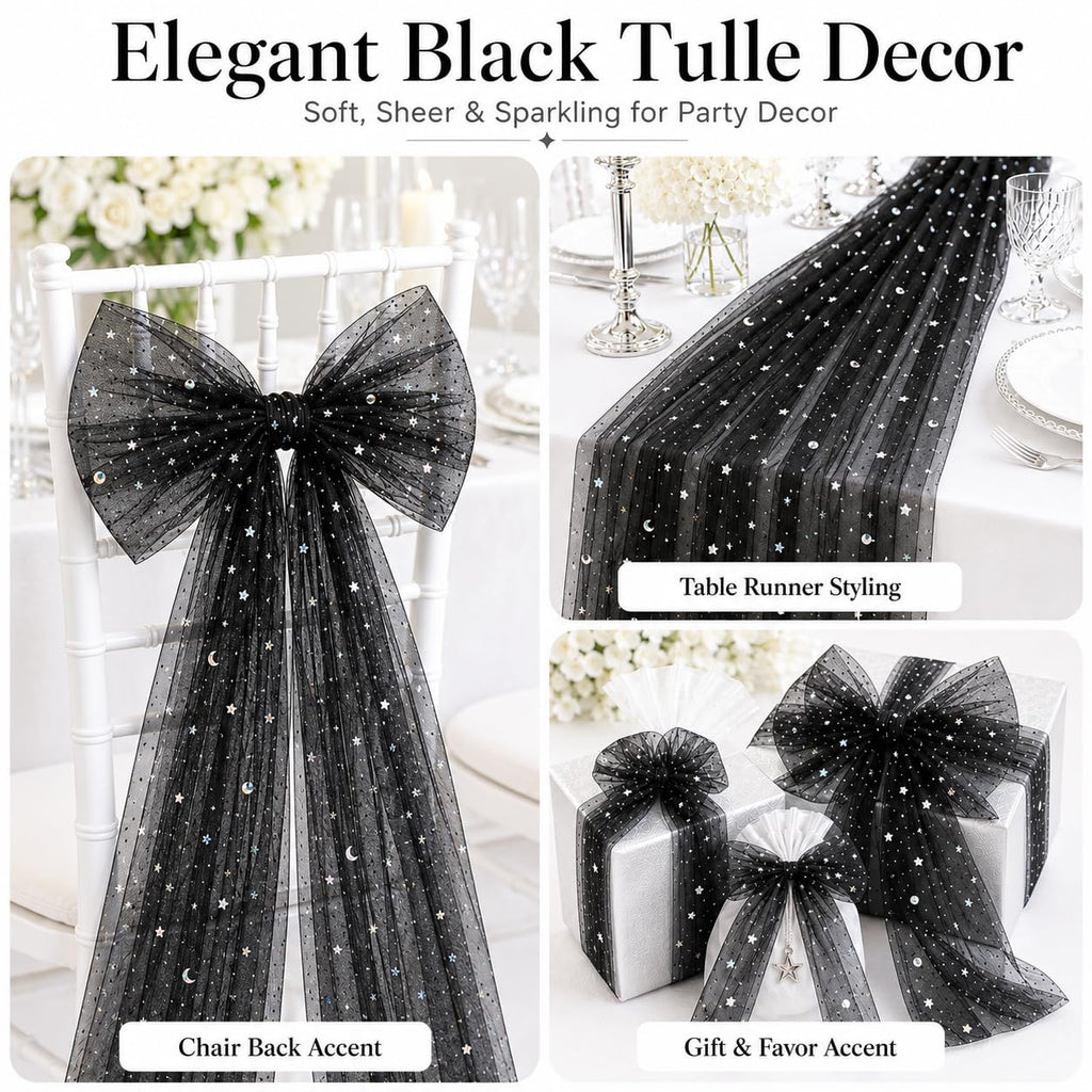 59 Inch x 8 Yard Silver Stars and Moon Tulle Fabric Black