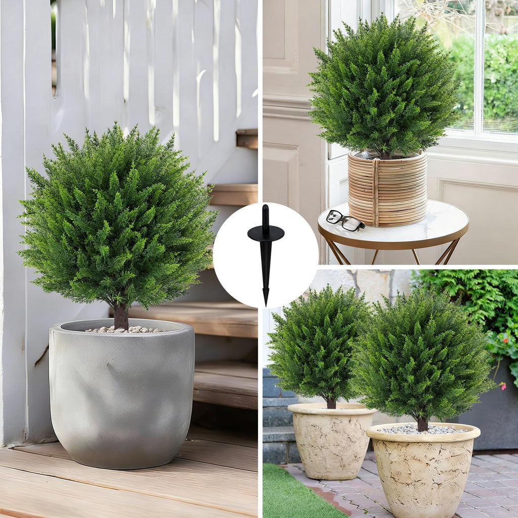 23" Artificial Cedar Topiary Ball Trees Set of 2 with Ground Spikes