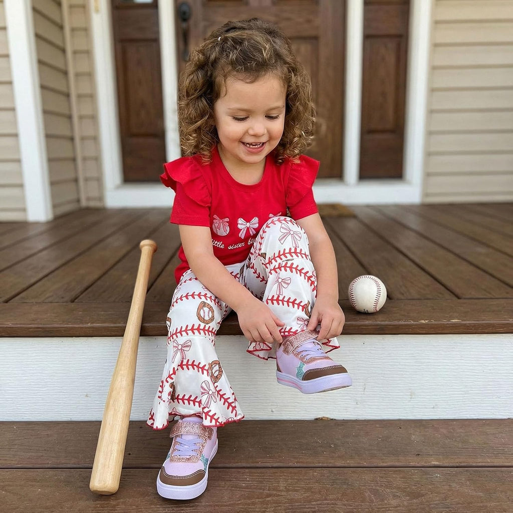 Toddler Baby Girl Baseball Outfits Short Flutter Sleeves T-Shirt Pullover Tops Stripes Bows Flared Pants 2Pcs Clothes
