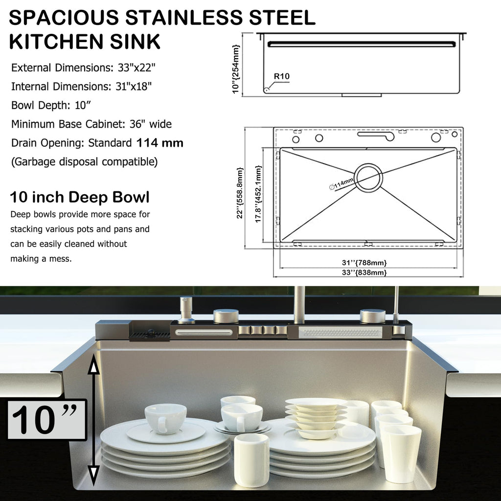 33"x22" Drop In Smart Workstation Kitchen Sink Waterfall Kitchen Sink
