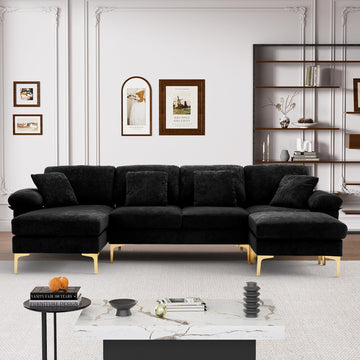 114" U-Shaped Velvet Sectional Couch with Ottoman, Black