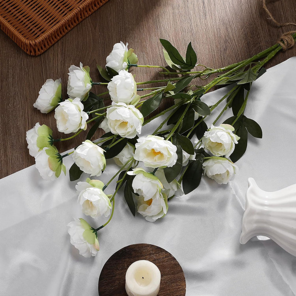 32" Large White Artificial Peonies Stems Flowers, Real Look Faux Silk Peony Bouquet 42 Heads Total for Vase - Set of 6