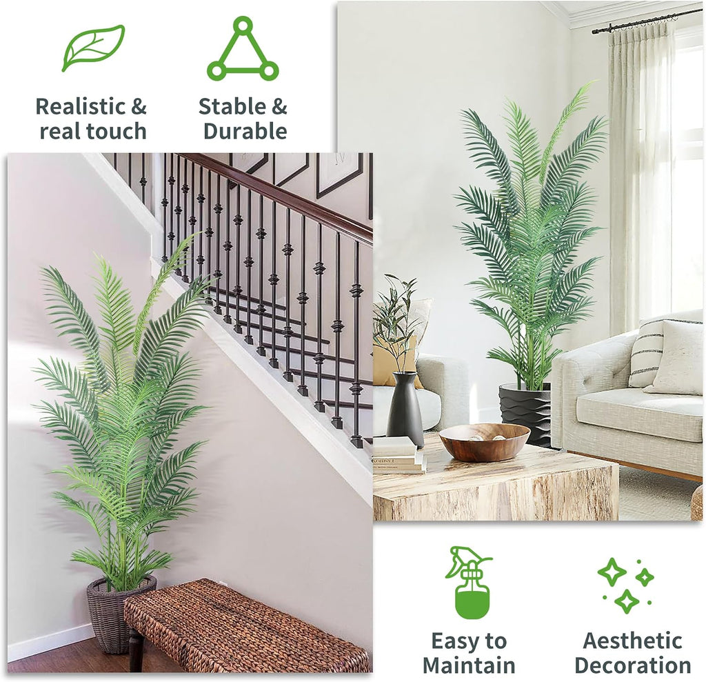 6FT Artificial Palm Tree,Faux Areca Palm Plant with Real Touch Leaves and Adjustable Branches,Fake Tropical Palm Tree