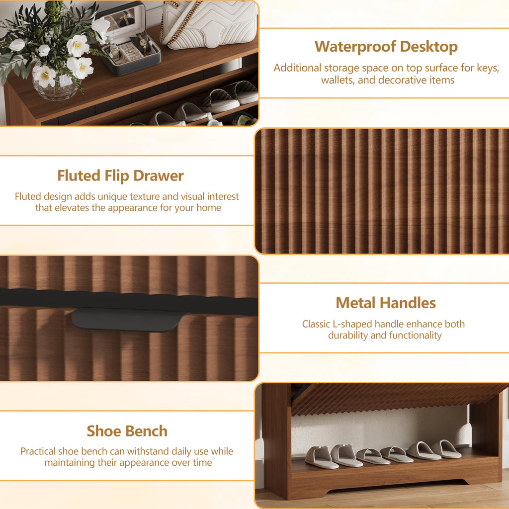 Shoe Cabinet Storage with 2 Flip Drawers, Walnut Fluted Shoe Cabinet with Open Storage, Wooden Hidden Shoe Rack