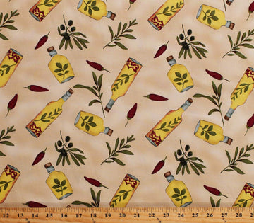 Cotton Twill Lite Olive Oil Bottles Olives Peppers Italian Mediterranean Mottled Tan 60" Wide Kitchen Home Decor