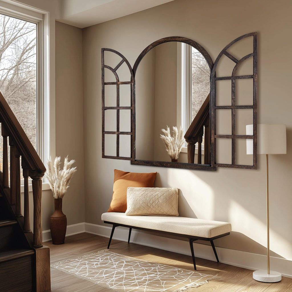 Arched Wall Mirror with Wood Window Pane Frame, 24 x 36 Inch, Brown