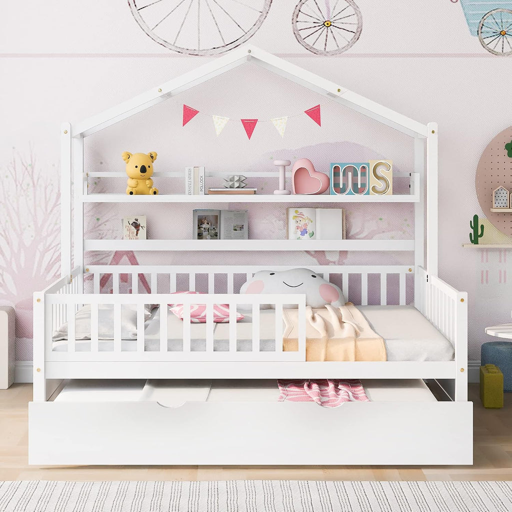 & Bright Designs Wooden Full Size House Bed with Twin Size Trundle,Kids Bed with Shelf, White(Full, White+Trundle)