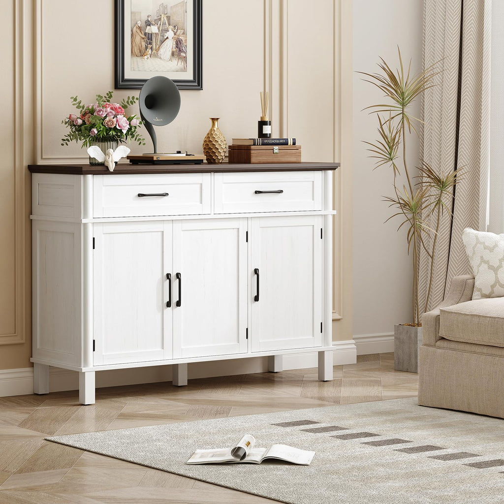 48 Inch Buffet Cabinet with Storage, Off White&Walnut