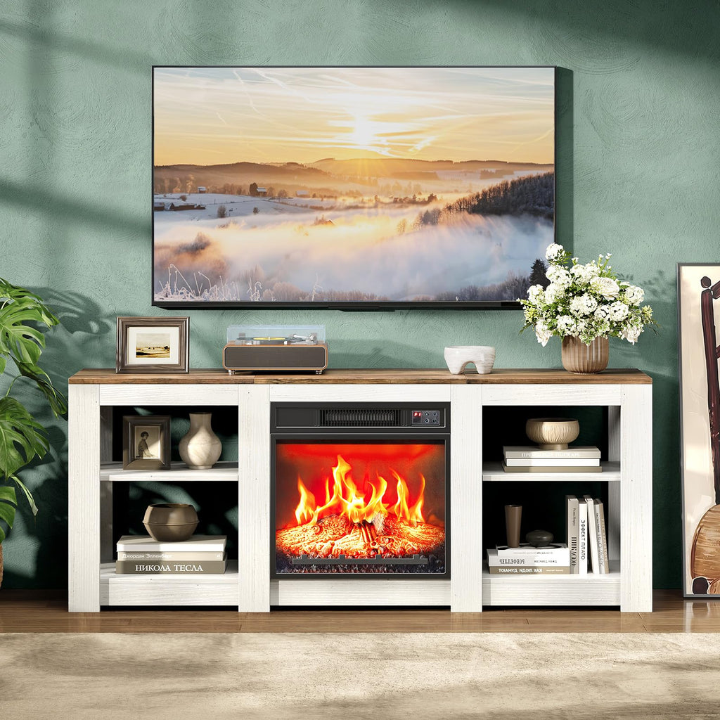 58" Fireplace TV Stand with 4 Adjustable Shelves, White & Barnwood