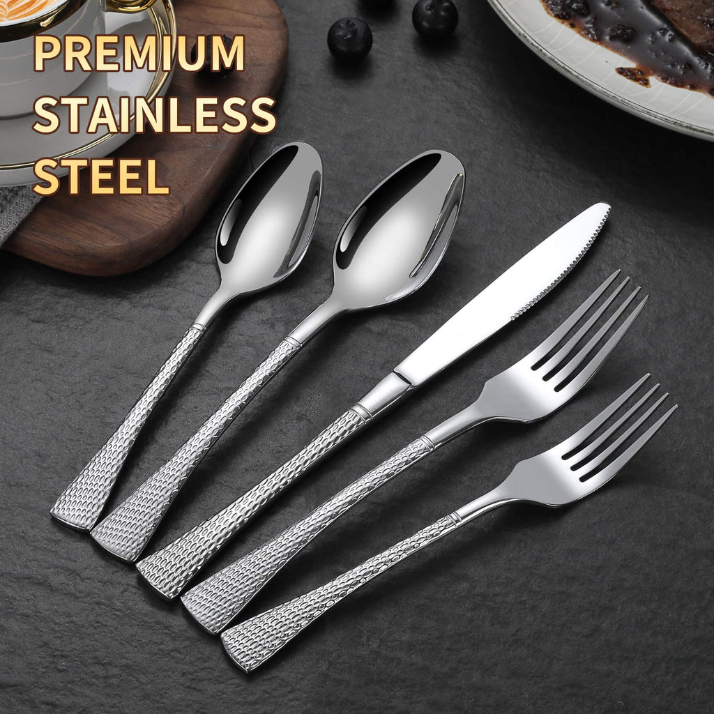 Hammered Silver Silverware Set for 8,Stainless Steel 40-Piece Modern Cutlery Set,Mirror Polished Heavy Duty Flatware