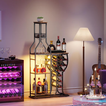Liquor Cabinet Bar, 5-Tier Wine Rack Freestanding Floor with Wine Glass Holder, Mini Bar Stand with 11 Wine Bottles