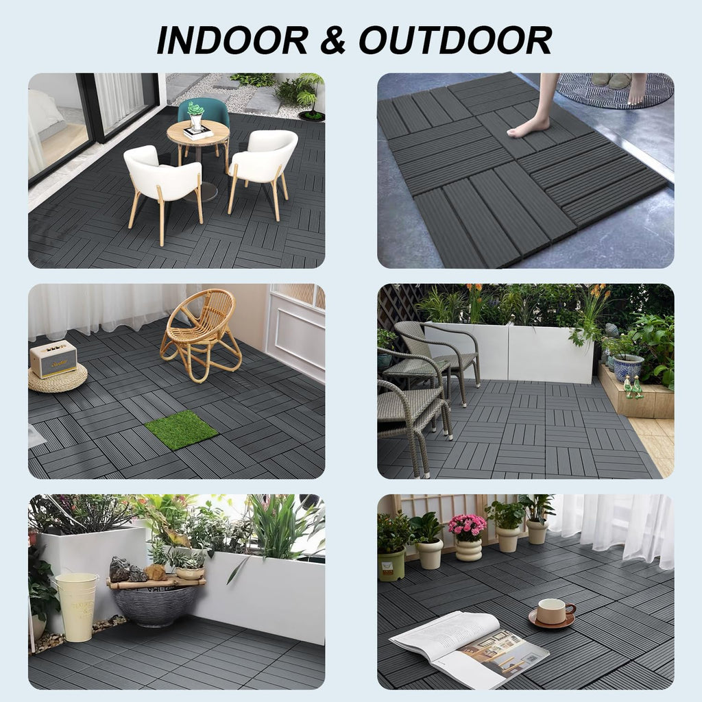 12 PCS Plastic Interlocking Patio Deck Tiles - 12" x 12" Waterproof Indoor Outdoor Flooring, Patio Floor Decking for