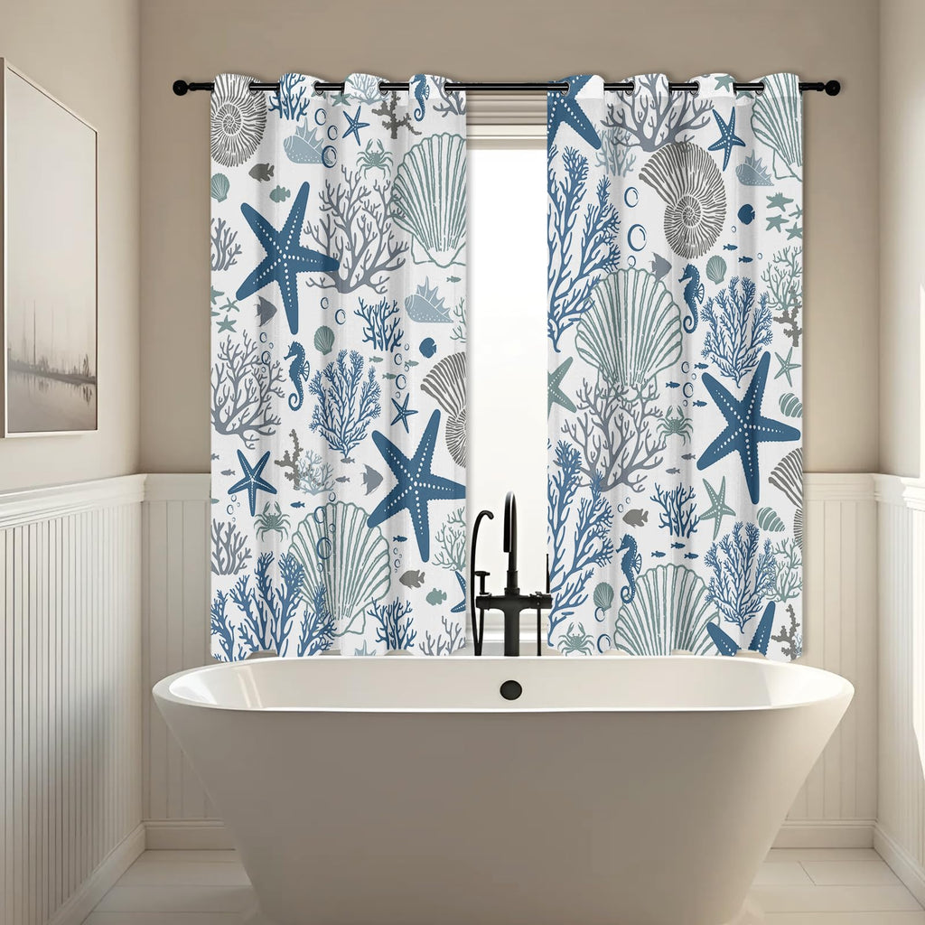 Coastal Curtains, Summer Beach Curtains for Windows, Blue Starfish Window Curtain Ocean Shell Nautical Curtain 42 x