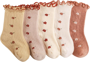 Baby Girls Toddler Socks Organic Cotton Socks Floral Pattern with Non-Skid Gripper for Fall Spring and Summer